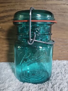 Ball Glass Ideal Aqua Jar Wire Home Decor Vintage Retro Kitchen